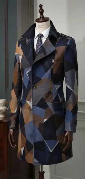 Men's geometric-patterned coat in shades of blue, brown, and gray.