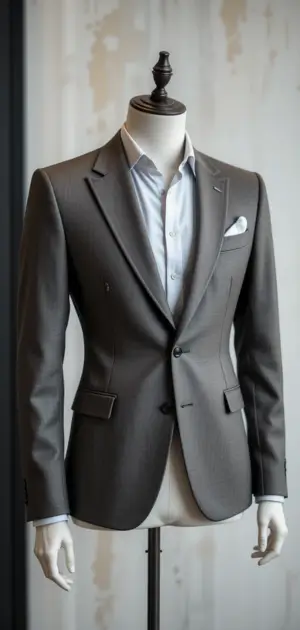 A tailored brown blazer with a white shirt styled on a mannequin.