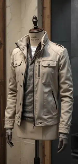 Beige structured jacket with a zip closure and layered sweater look.