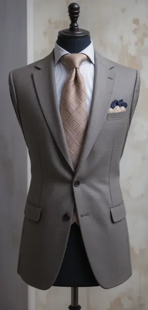 A well-fitted grey suit with a beige tie and navy pocket square.