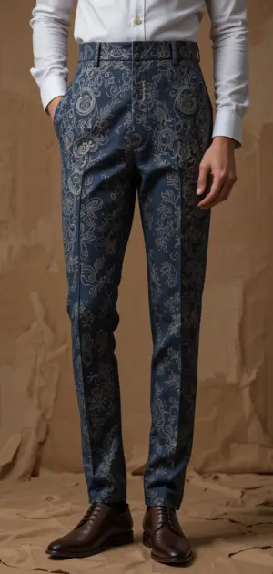 Men's navy blue trousers with silver floral embroidery and a white shirt.
