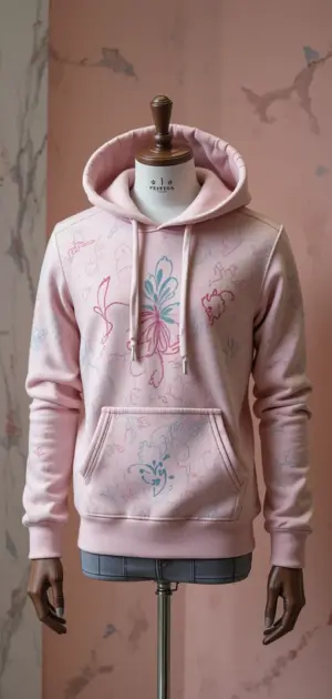 Light pink hoodie with floral patterns, perfect for casual wear.