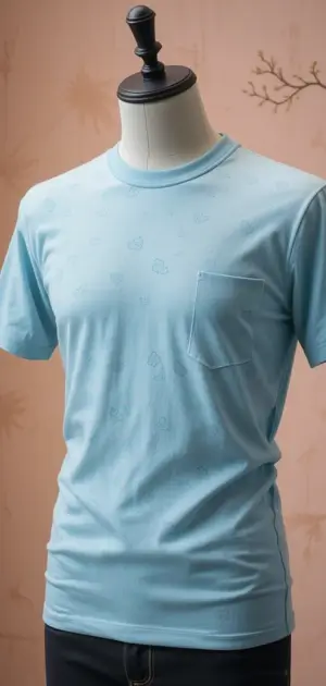 A pastel blue T-shirt with a chest pocket displayed on a mannequin.