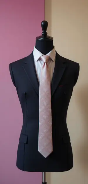 Elegant black suit with a subtle pink textured tie.
