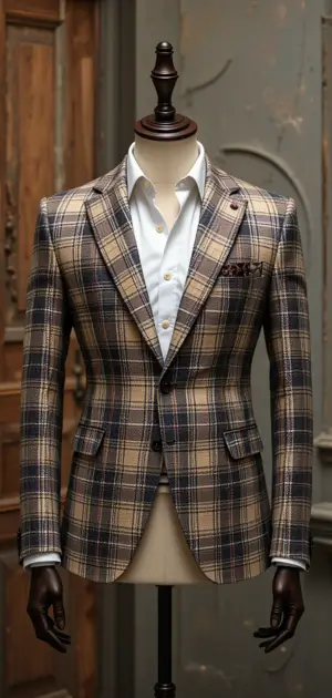 Beige plaid blazer with a white shirt featuring a tailored fit.