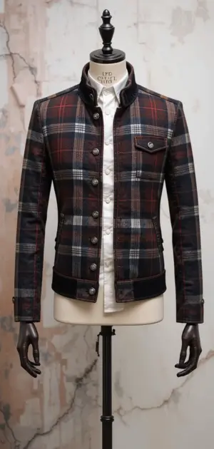 Men's plaid jacket featuring a structured silhouette and buttoned front.