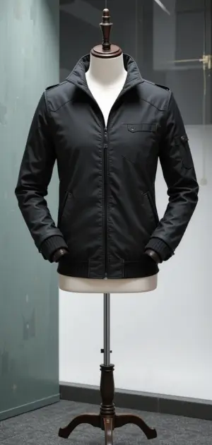 Black zip-up polyester jacket with ribbed cuffs and a sharp collar.