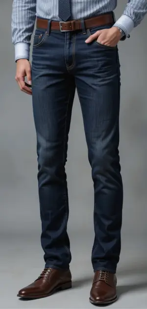 Dark blue slim-fit jeans worn with a striped shirt and brown dress shoes.