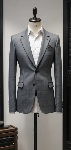 Grey checkered blazer with a white shirt displayed on a mannequin.