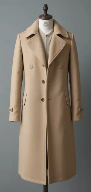 Camel-colored overcoat with notch lapels and buttoned cuffs.