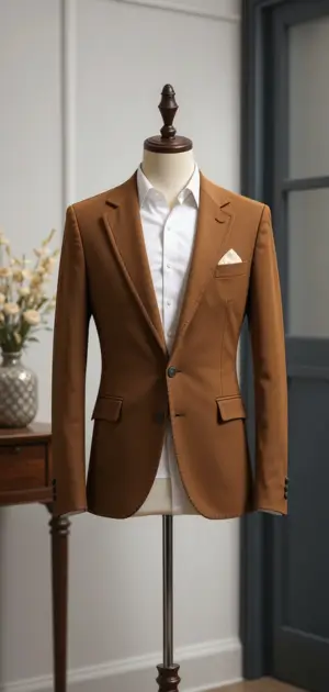 Sleek camel-brown blazer styled with a white shirt and matching pocket square.