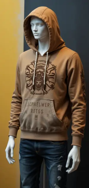 Brown hoodie with tribal designs and printed text for street fashion.