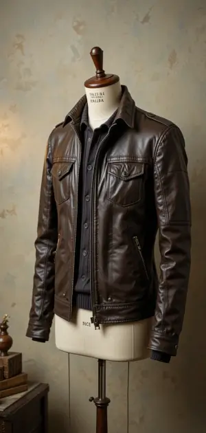 A sleek dark brown leather jacket with a collared style and pockets.