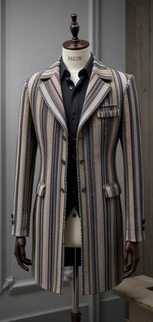 A tailored men's coat featuring vertical stripes and fine detailing.