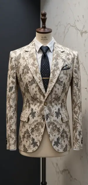 Cream floral blazer with a tailored fit and a classic tie.