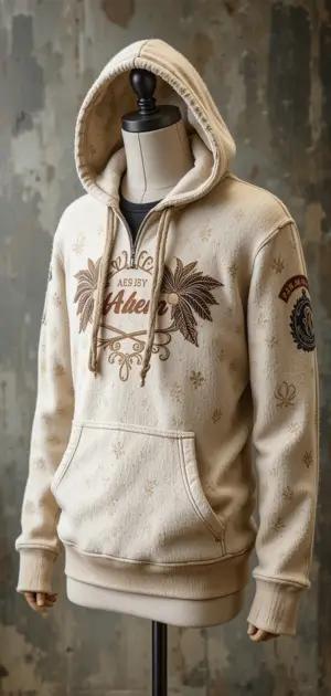 Beige hoodie with vintage embroidery and rustic prints on the chest and sleeves.