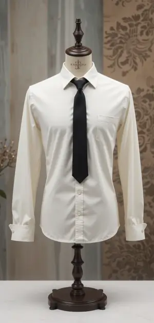 White button-up dress shirt with a black tie on a mannequin.