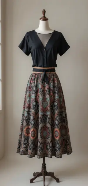 Black blouse paired with a patterned, flowy bohemian skirt.