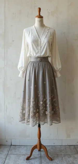 White blouse with scalloped neckline and grey embroidered neutral skirt.