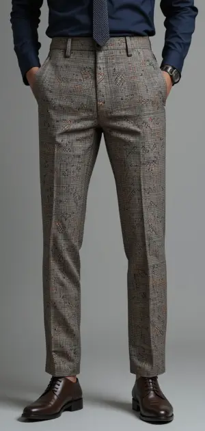 Men's grey plaid trousers paired with a navy shirt and brown dress shoes.