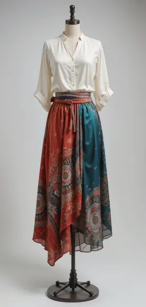 Two-tone silk skirt in red and teal with patterns, styled with a white shirt.