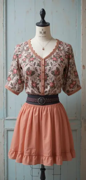Peach ruffled skirt with a floral embroidered blouse, perfect for casual style.