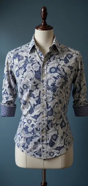 A refined blue and white floral dress shirt with vintage-inspired detailing.