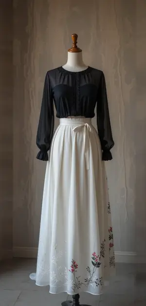 Embroidered white wedding skirt paired with black sheer blouse.