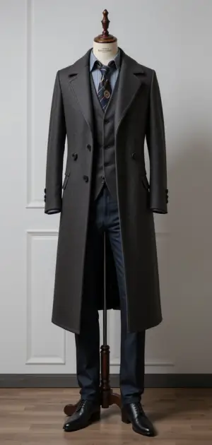Dark grey double-breasted coat with a suit, exuding classic elegance.