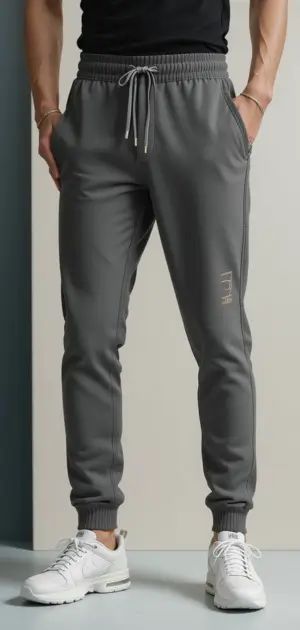 Man wearing slim-fit grey joggers with a black T-shirt and white sneakers.