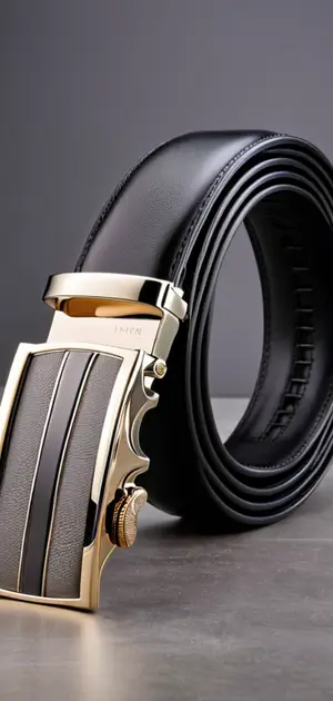 Black leather belt with gold and black automatic buckle
