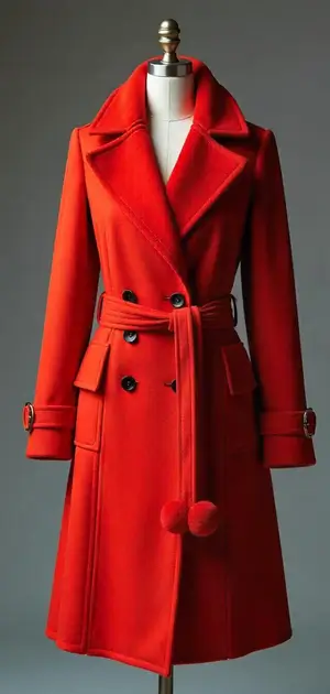 Fiery red wool coat with a belted waist and pom-pom details.