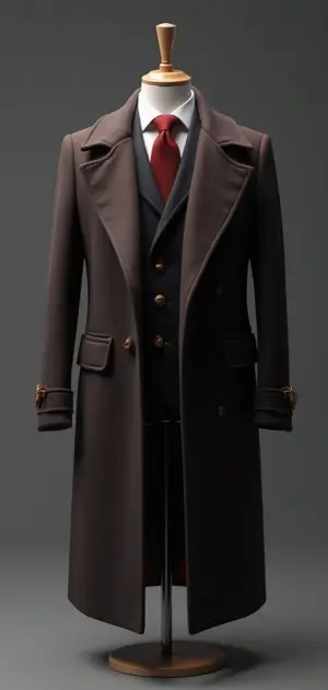 dark brown double-breasted overcoat styled with a red tie and structured fit.