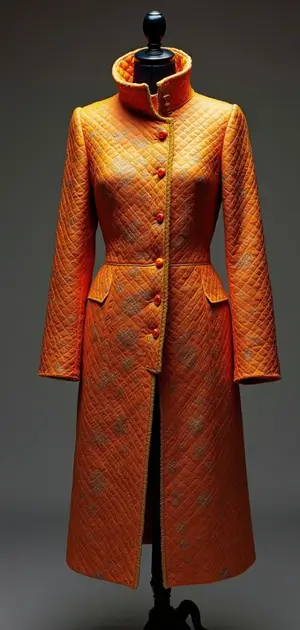 Quilted orange high-collared coat with button closures