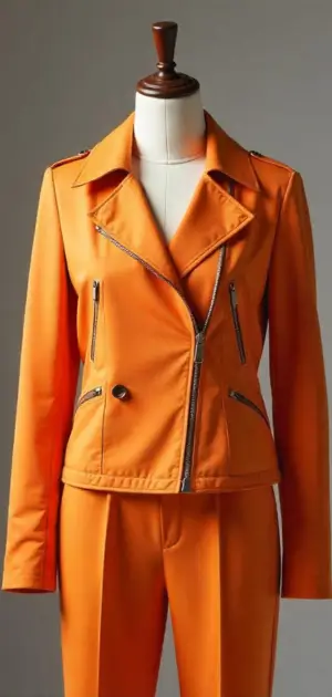 Bright orange biker-style jacket with silver zippers on a mannequin