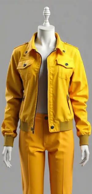 Vibrant yellow bomber jacket with chest pockets and button details on a mannequin.