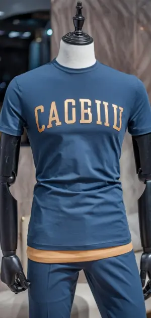 Navy blue graphic T-shirt with bold lettering, styled with matching pants