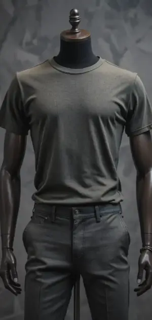 Dark monochrome T-shirt paired with matching trousers on a black mannequin