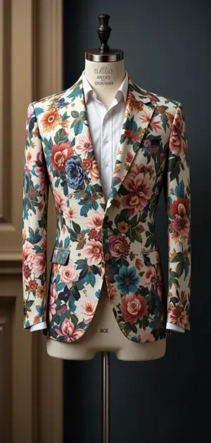 White floral blazer with vibrant flower prints and tailored fit.