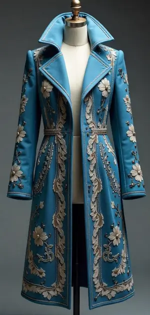Blue embroidered long coat with intricate floral details.