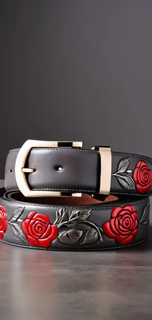 A black leather belt with red embossed roses and a gold buckle.