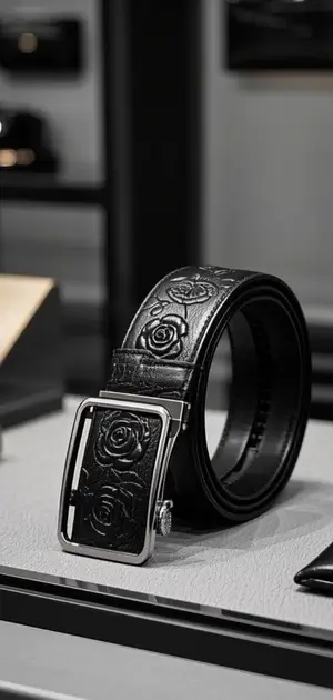 A black leather belt with embossed floral designs and a silver buckle