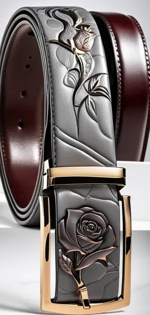 A grey leather belt with a large embossed floral design and a gold buckle.