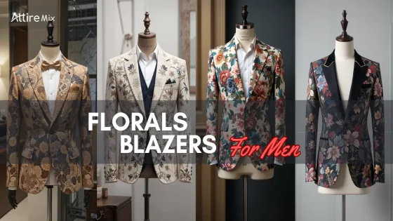 A collection of floral blazers in various colors and styles for men.