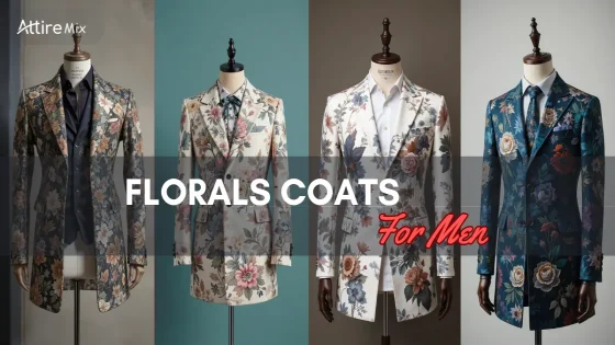 A collection of four men's floral coats displayed on mannequins.