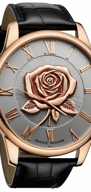Classic men's watch with a 3D rose gold floral design and a silver dial.