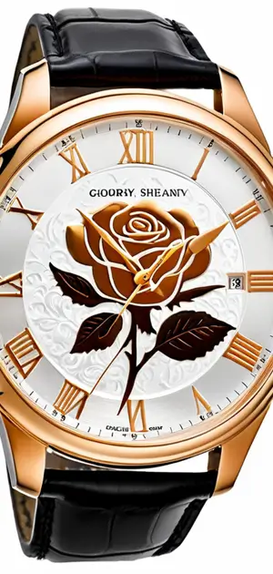Elegant floral-themed men's watch with a blue dial, rose gold accents, and a leather strap.
