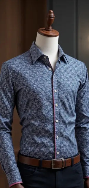 A blue patterned dress shirt on a mannequin, paired with a brown belt.