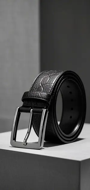 A black leather belt with an artistic embossed design