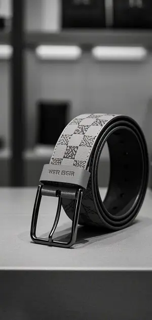 A black and grey patterned designer belt with a dark buckle.